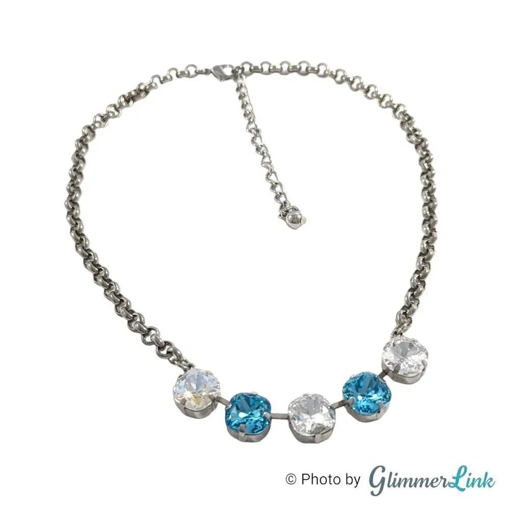Sparkling Blue & Clear Cushion Crystal Silver Tone Necklace